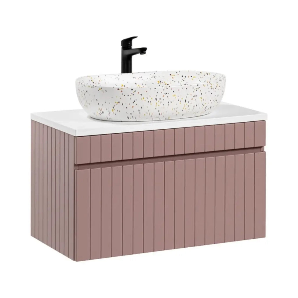 Insieme ICON: mobile sottolavabo 80cm rosa cipria + piano per lavabo bianco + lavabo da appoggio macchiato