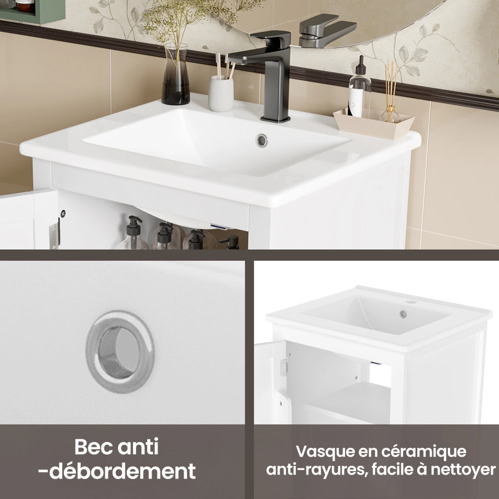 Mobile sottolavabo con lavandino in ceramica, 1 anta, 1 cassetto e ripiano regolabile, per bagno, bianco, 51 × 46 × 85 cm