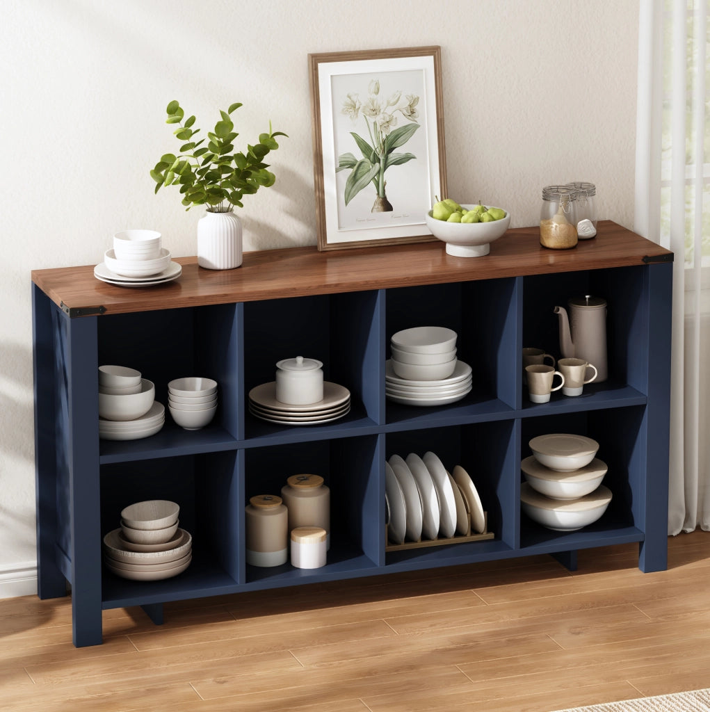 Libreria Orizzontale Blu in MDF a 8 Vani 140x34x75 cm