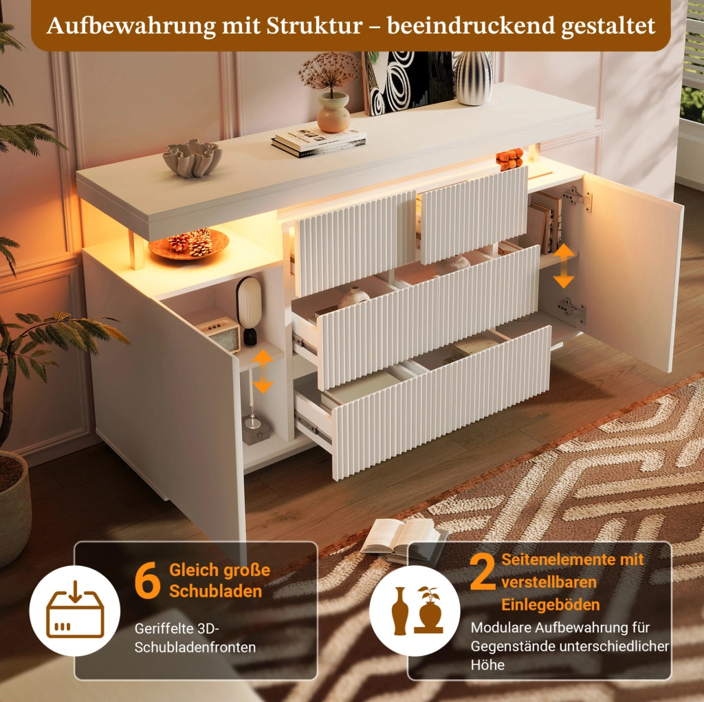 Credenza moderna con illuminazione LED 150x40x78 cm; bianca in MDF e metallo
