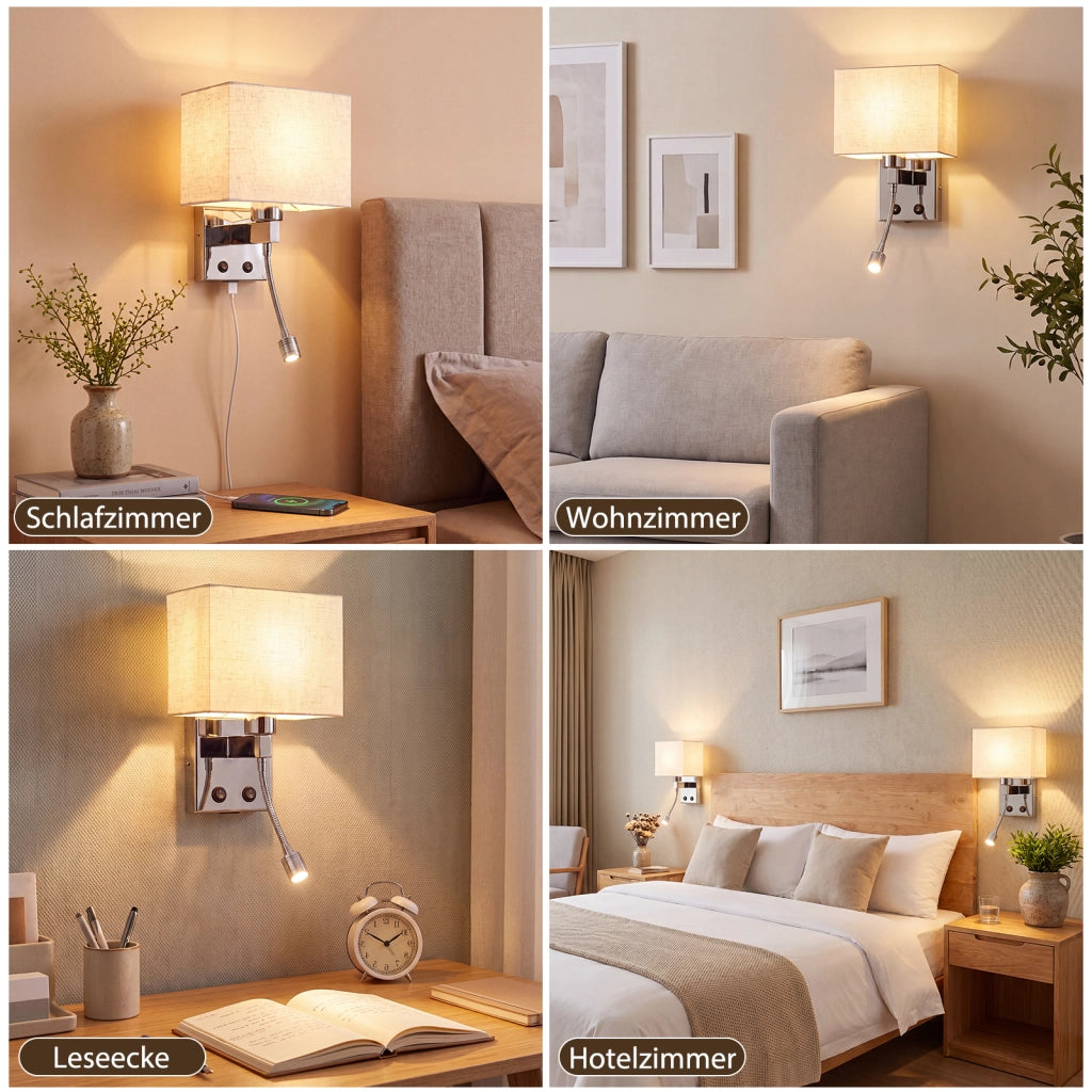 ZMH Lampada da Parete LED con Porta USB e Lettura 2W Paralume Tessuto E27 Interruttore per Camera Hotel Senza Lampadina