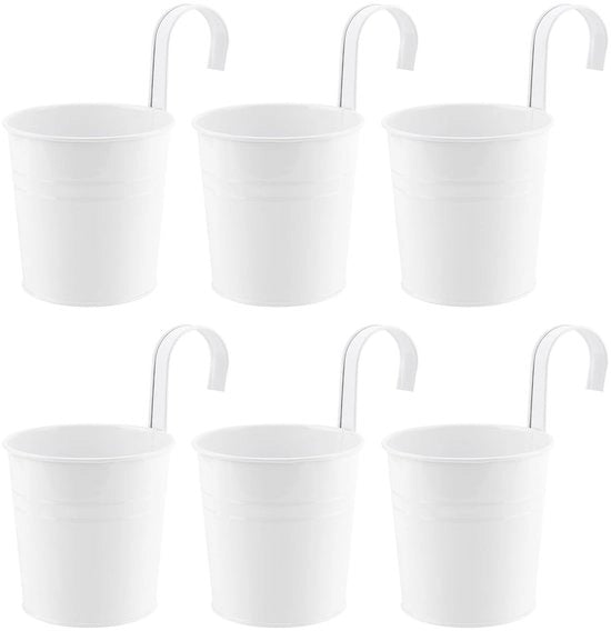 Set di 6 cesti in metallo bianchi, 10 cm piccoli cesti per piante da appendere, vasi da giardino appesi con ganci per esterni interni decorazione cancellata