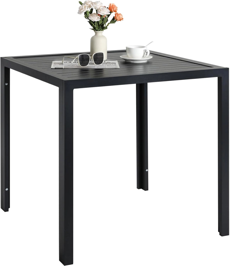 Tavolo da giardino in Alluminio, 75x75 cm Quadrato Tavolo da Esterno in Metallo per Balcone Terrazze, Inossidabile, Resistente Alle Intemperie, Facile da montare, Nero, Ampio Pannello 11 cm