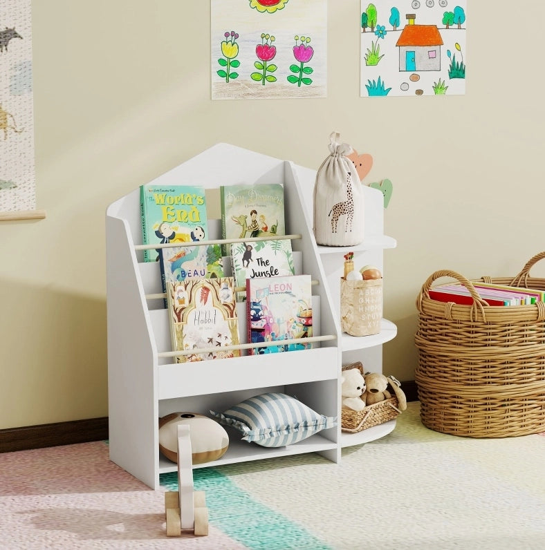 Libreria per bambini in legno bianca con 7 ripiani