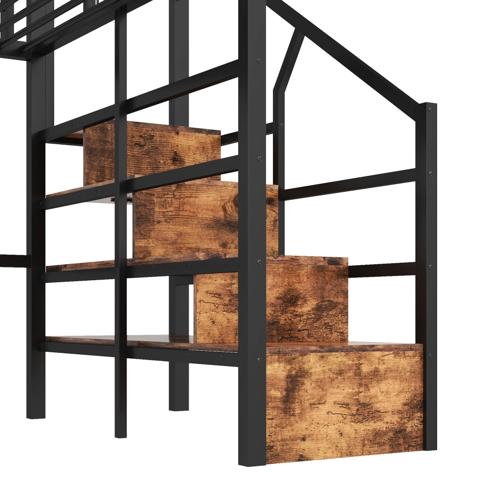 LETTO A CASTELLO 140 x 200 cm in metallo nero con LED e scale contenitore