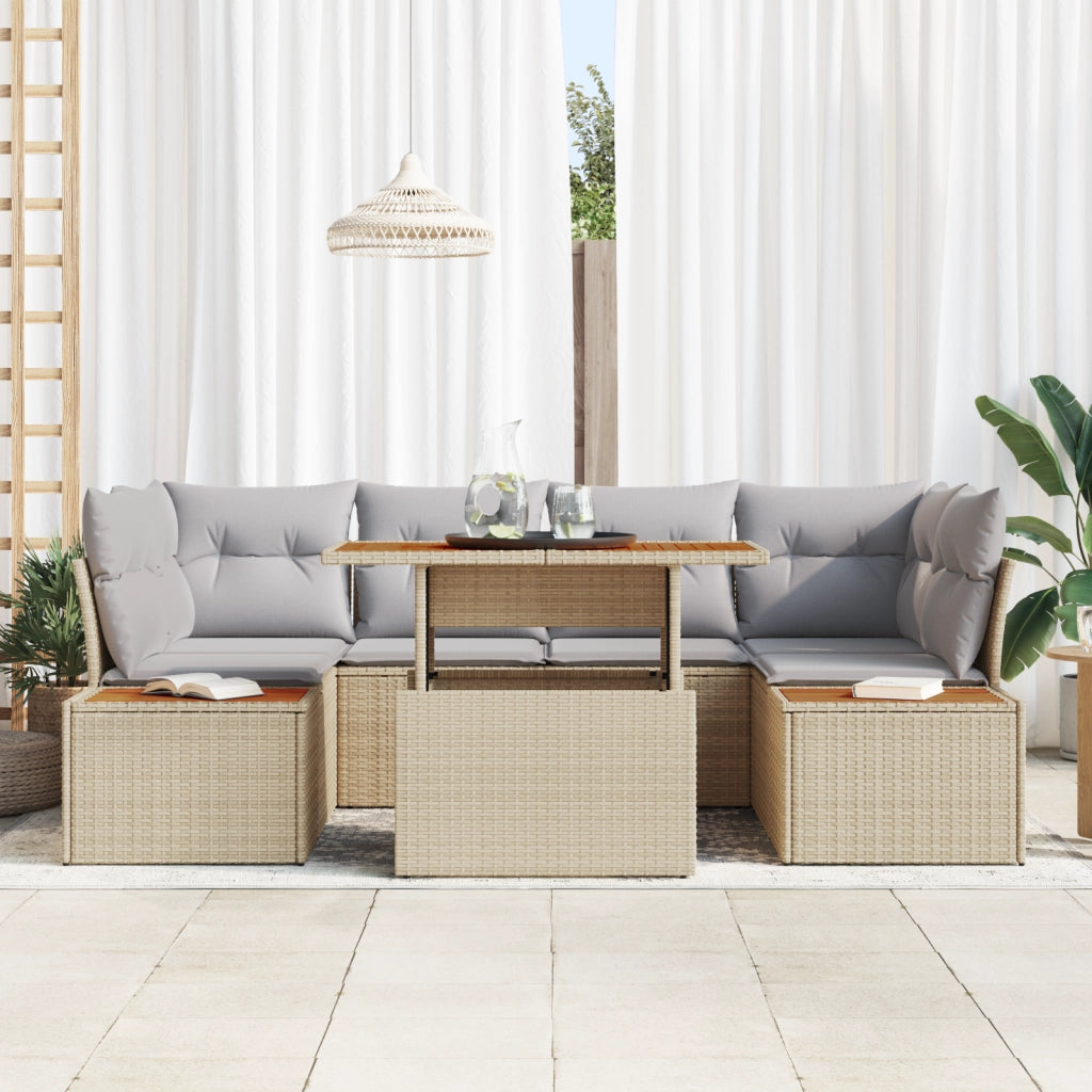 Set da Pranzo da Giardino da 7 Pezzi con Cuscini Beige Polyrattan Acacia