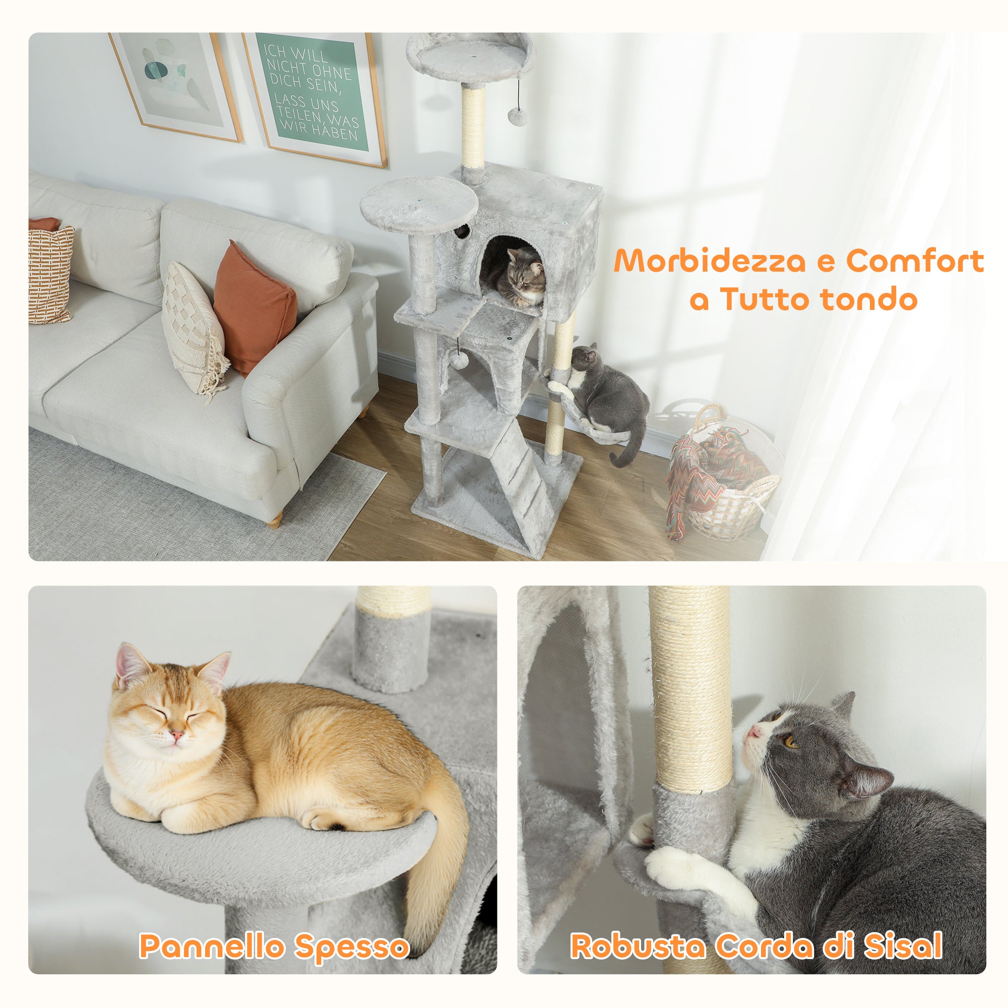 Albero Tiragraffi per Gatti Alto 160 cm con 2 Casette Amaca Lettino e Pali in Sisal Grigio