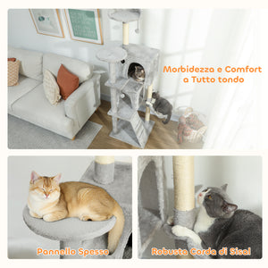 Albero Tiragraffi per Gatti Alto 160 cm con 2 Casette Amaca Lettino e Pali in Sisal Grigio