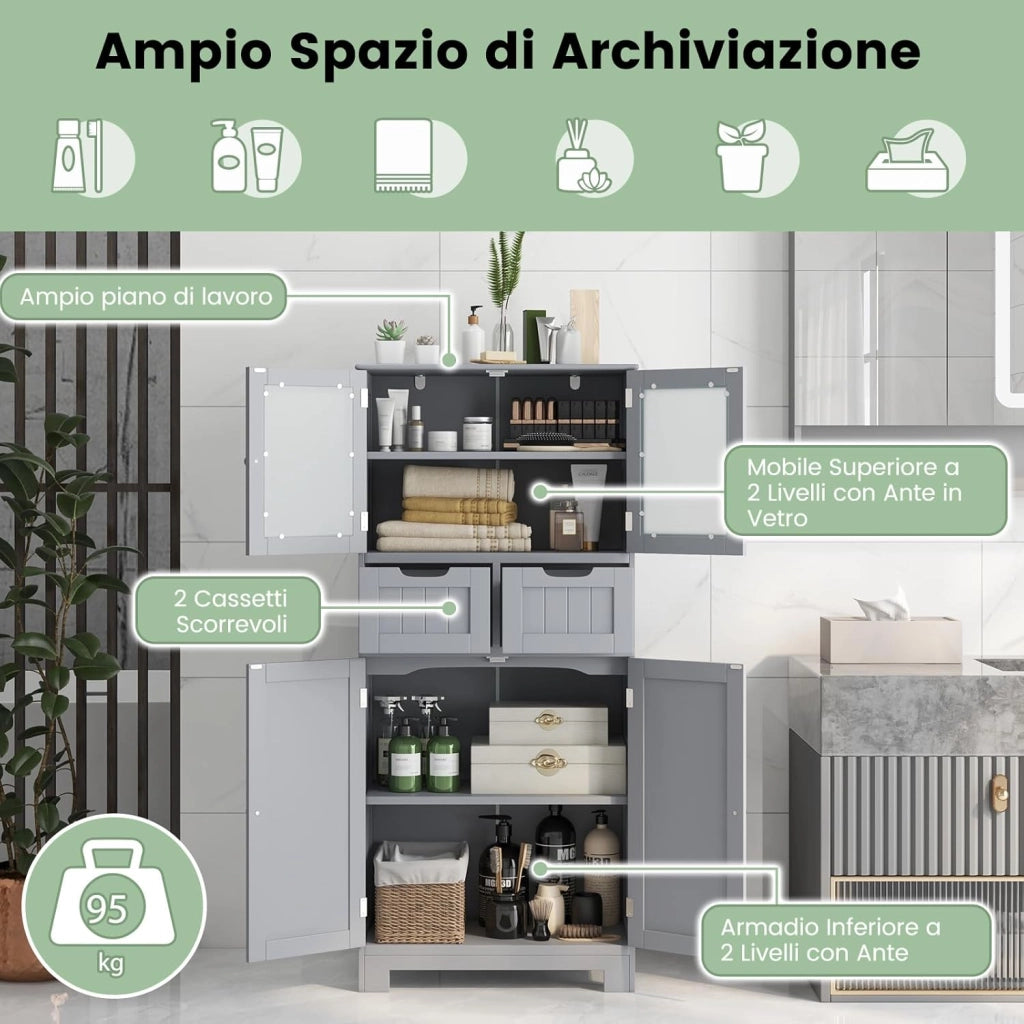 Armadio da Terra con 4 Ante, Mobile da Bagno con 2 Ante in Vetro 2 Cassetti e Ripiani Regolabili, Armadio Multifunzionale per Bagno e Soggiorno (Grigio, 60x30x128cm)
