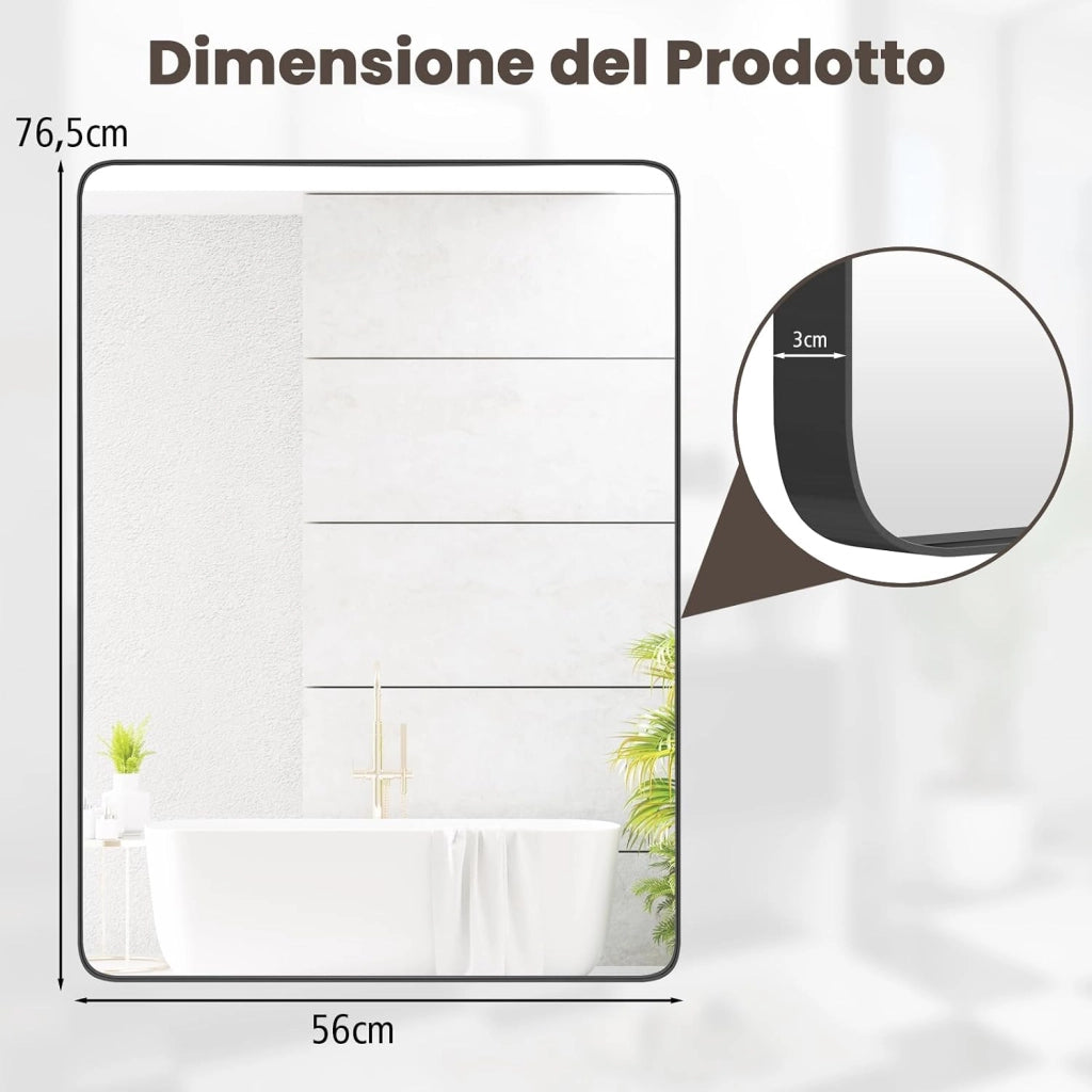 Specchio da Parete 76,5 x 56 cm, Specchio da Bagno Rettangolare con Pellicola Antigraffio, Cornice in Metallo Antiruggine, Ideale per Bagno Soggiorno Ingresso, IP44
