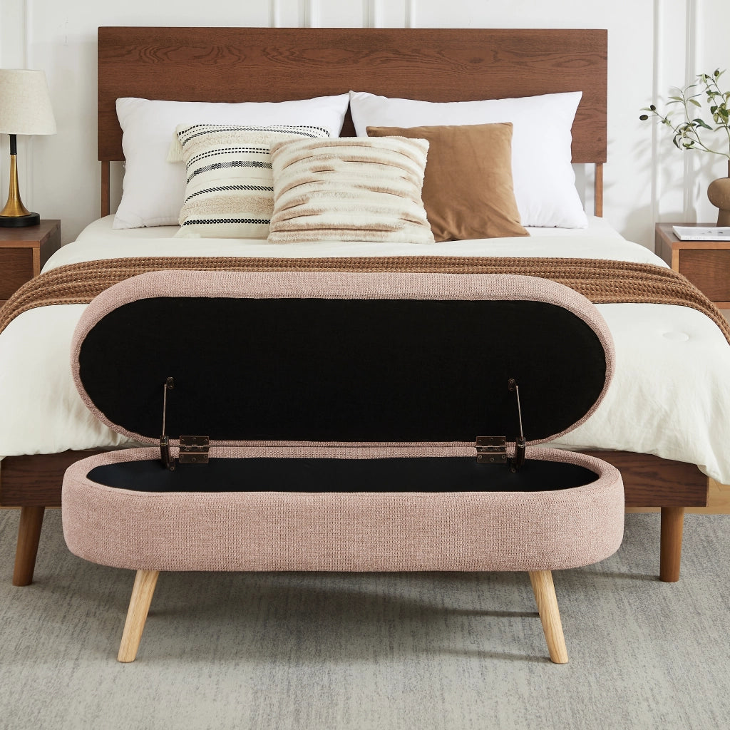 Panca con contenitore in velluto con design ovale, piedini antiscivolo e montaggio pratico per camera e ingresso rosa