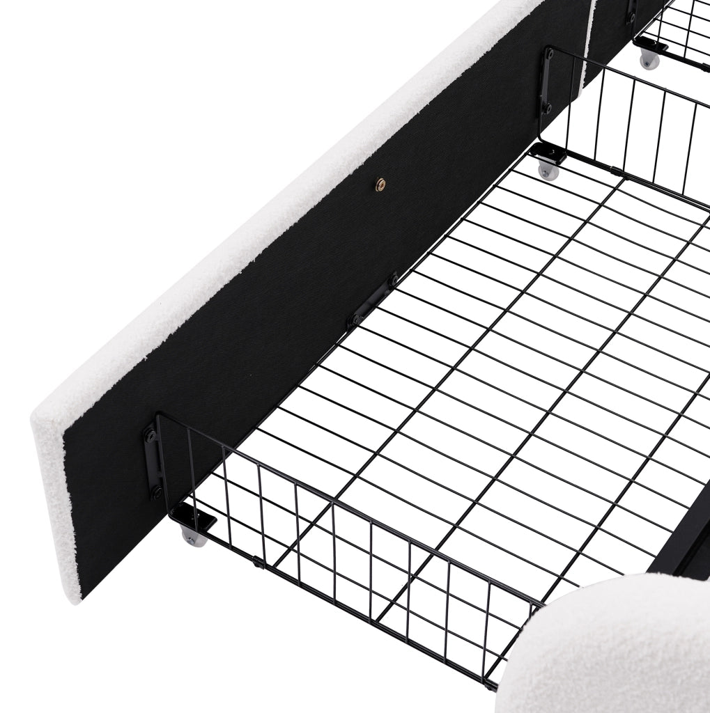 Letto singolo 90x200 cm con LED; USB C e 2 cassetti; tessuto sherpa bianco