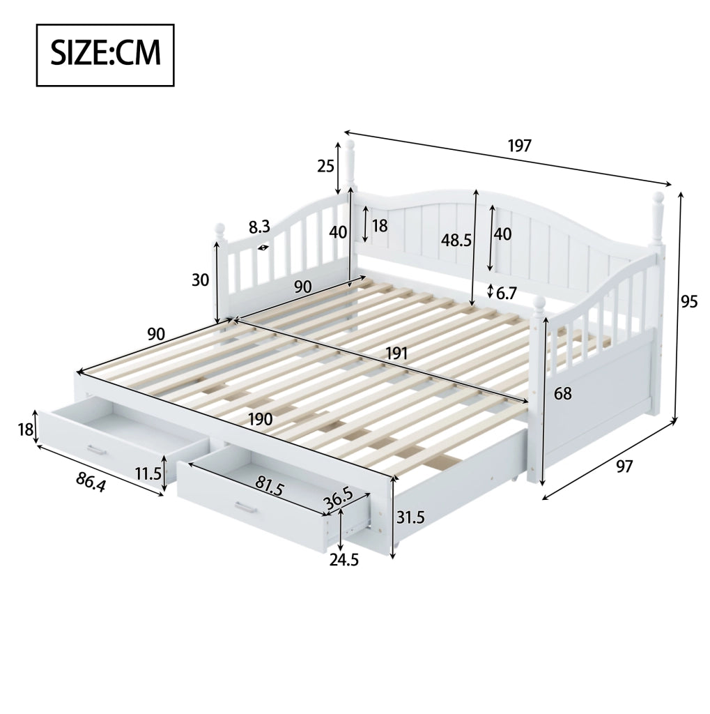 Divano letto estraibile 90x190 cm con cassetti e rete a doghe in legno bianco