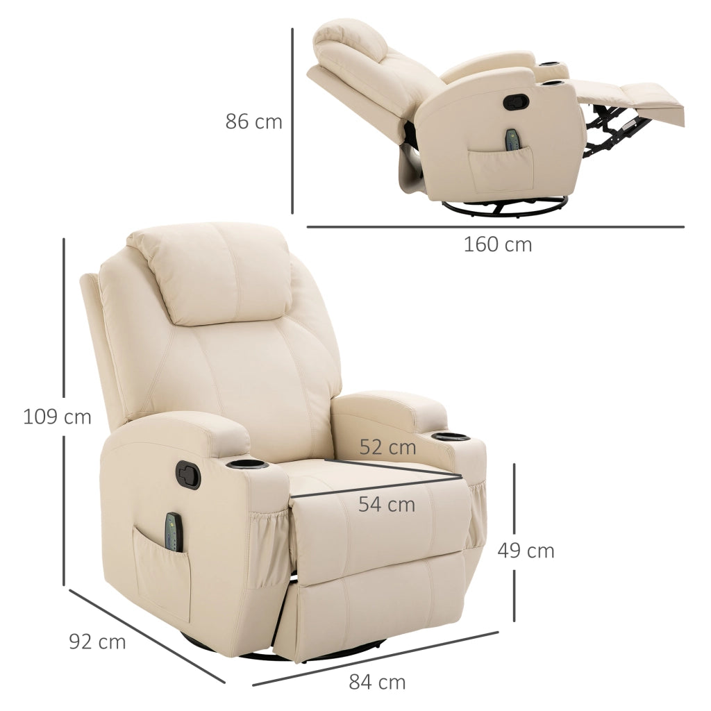 EasyComfort Poltrona Relax Elettrica Reclinabile Girevole con 2 Portabicchieri, Telecomando, Poggiapiedi e 4 Tasche Laterali, in Pelle PU, Legno e Acciaio, Crema