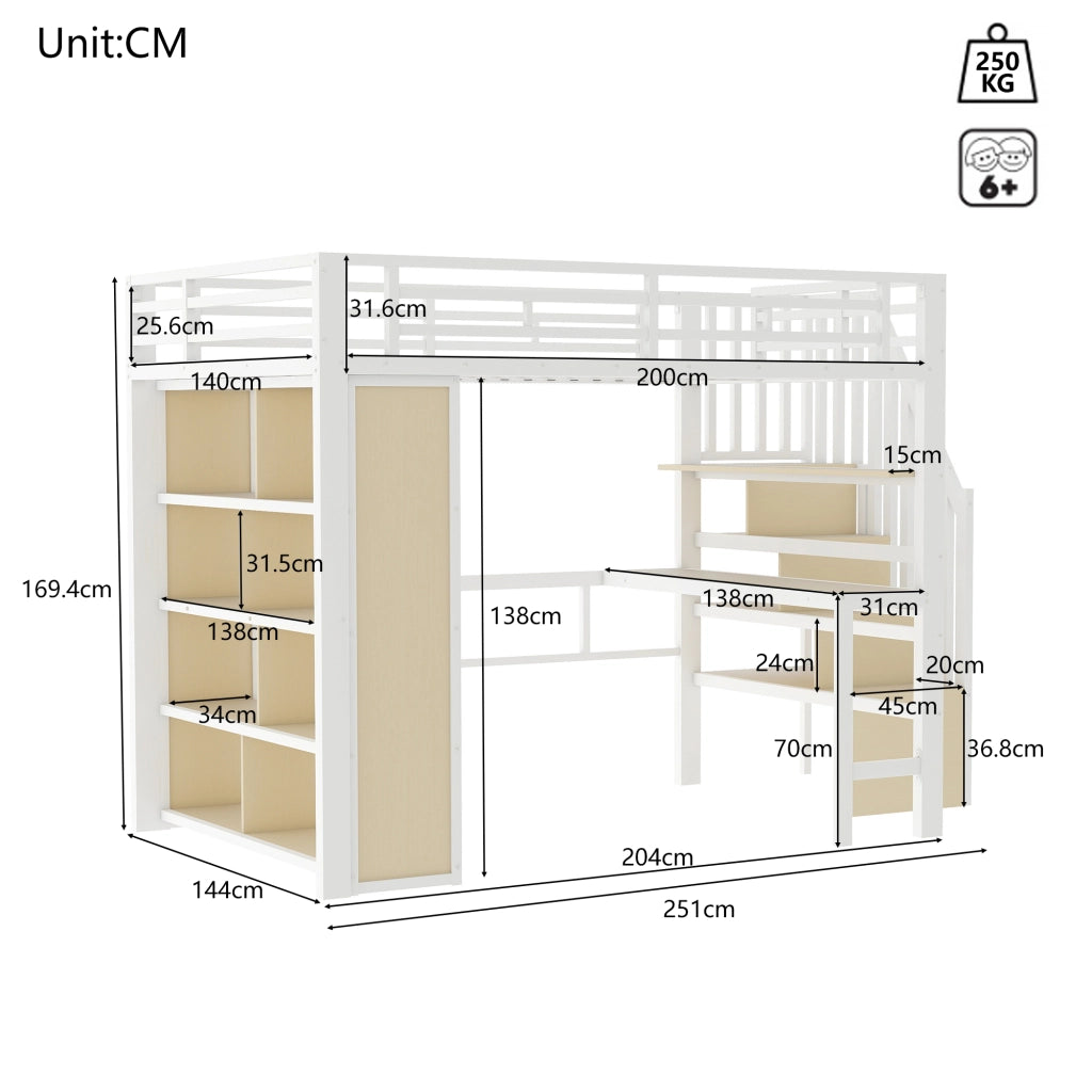 LETTO a soppalco 140x200 cm Metallo Bianco con scrivania e scala contenitore
