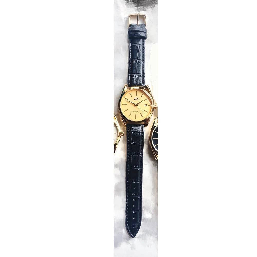 Trade Shop - Orologio Polso Zcc Z003 Uomo Analogico Automatico Data Elegante Pelle Nero Dorato -