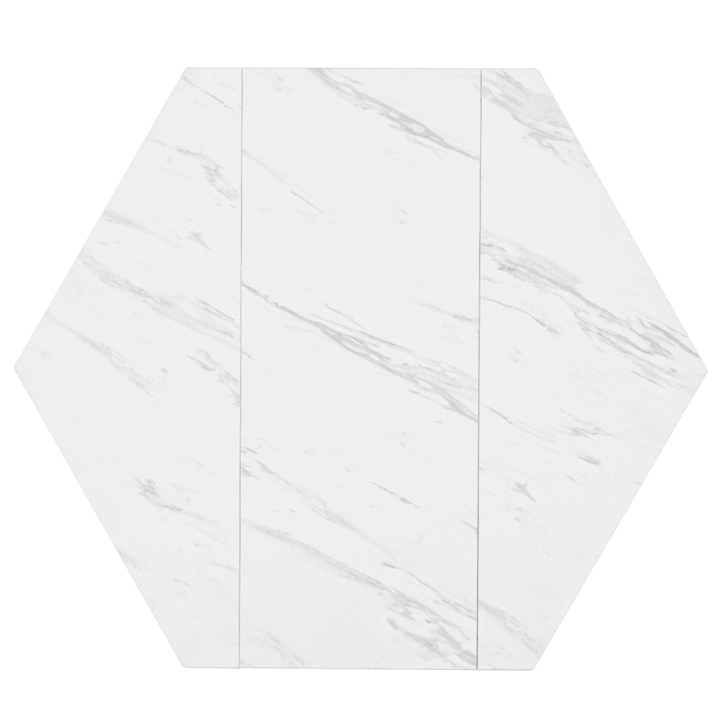 Tavolo da pranzo esagonale con piano effetto marmo, struttura in metallo, per sala da pranzo, nero e oro, 115,5 × 100 × 75 cm