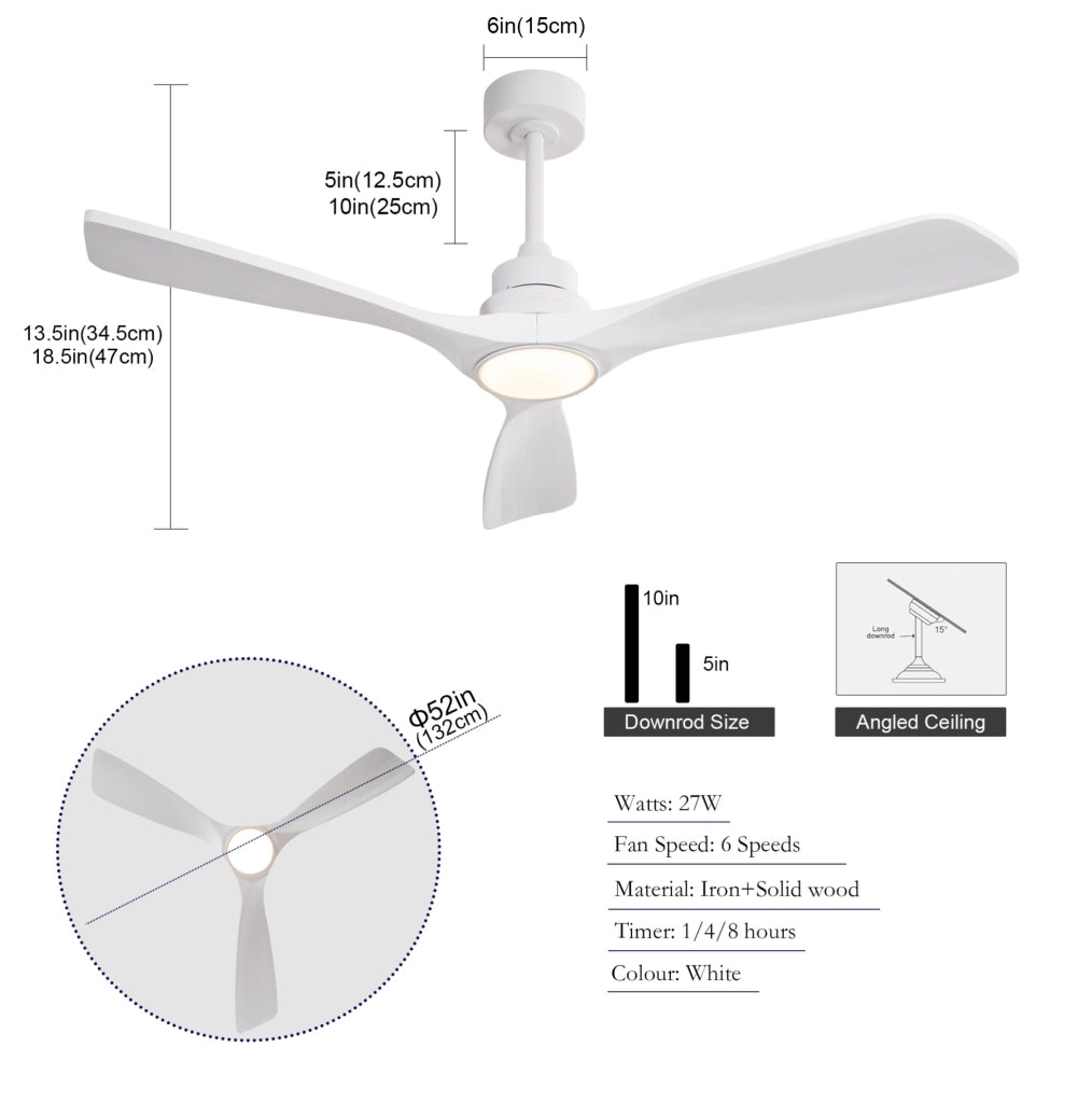 Ventilatore da soffitto 52 pollici con luce LED; 3 pale in legno; bianco