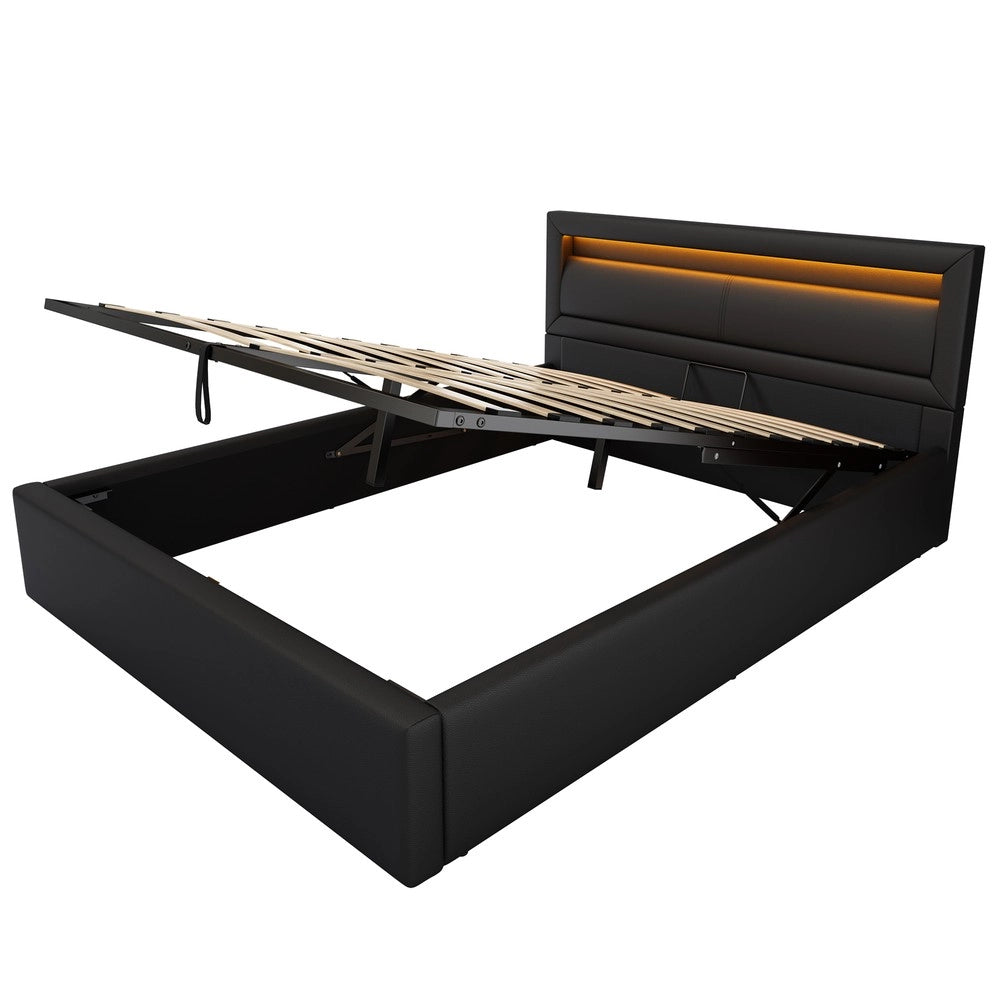 Letto Imbottito con LED e Contenitore ¨C Xylo ¨C Similpelle Nero 140x190