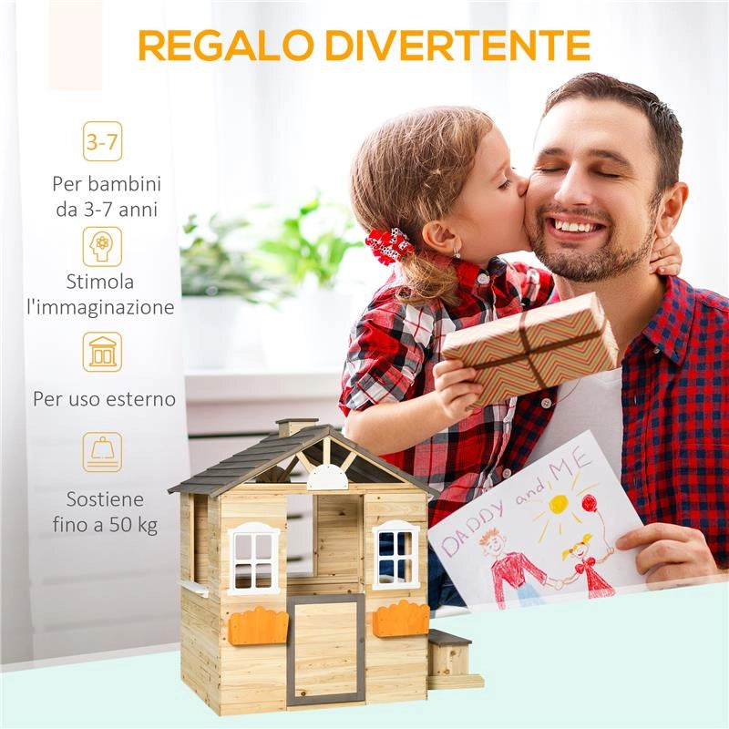 CASETTA BIMBI 3-7 ANNI A 2 FINESTRE CON PORTAVASI E PANCHINA, IN LEGNO DI ABETE E PP, 113LX94X134.5 CM