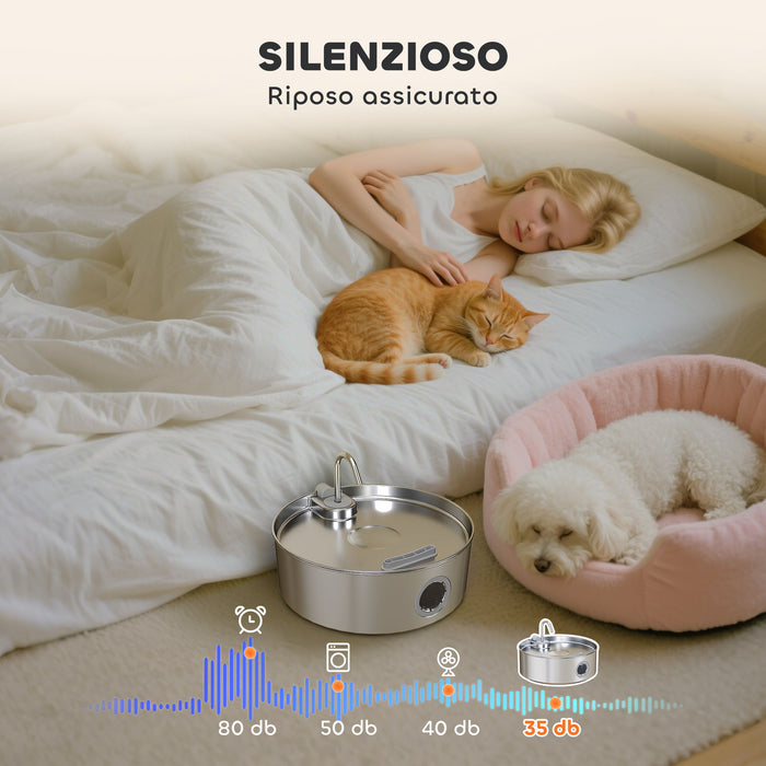 Fontanella per Gatti 30,5x31,2x19,3 cm Capacità 7L con Luce LED e Tripla Filtrazione in Acciaio Inox 304 Argento