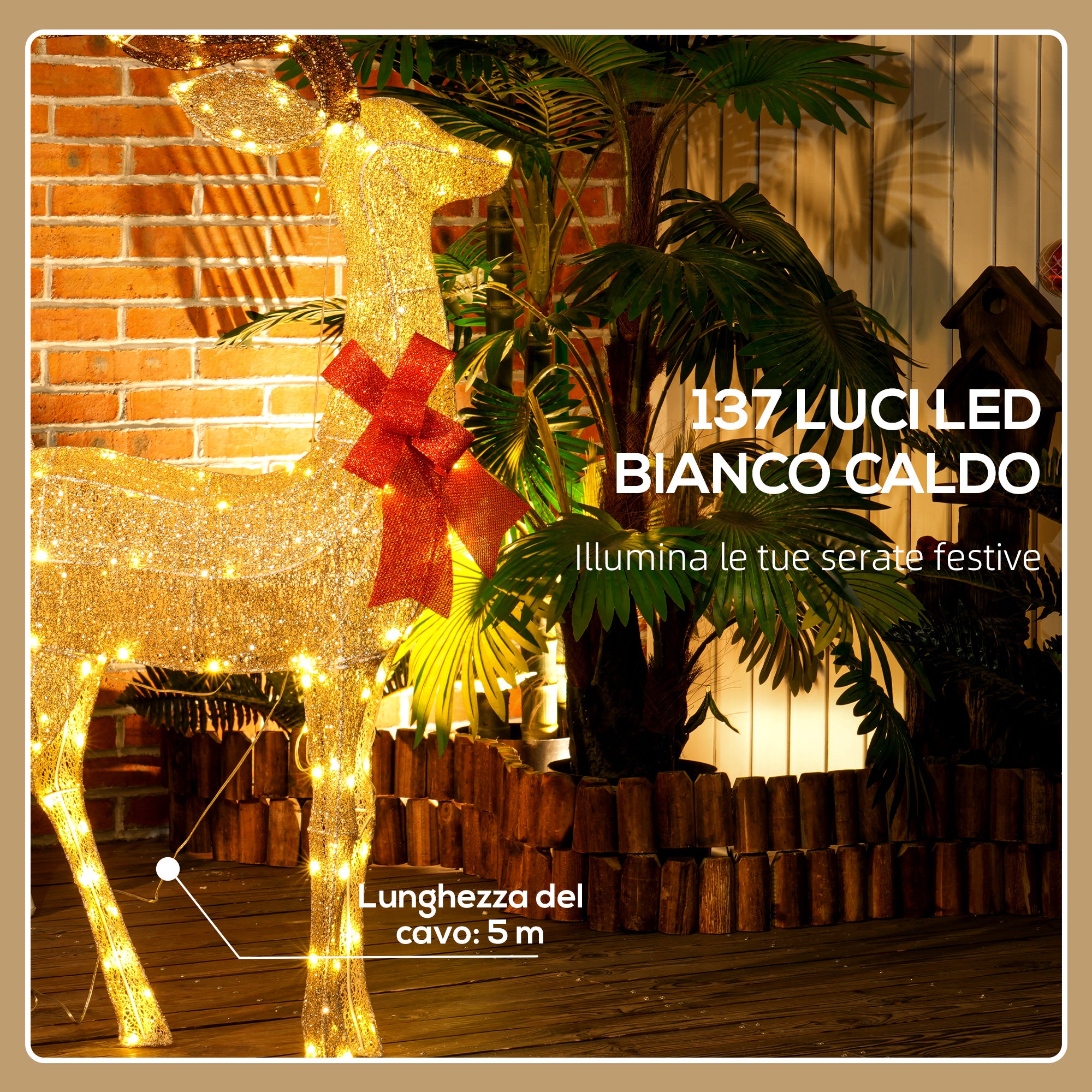 Decorazione Natalizia da Interno ed Esterno 66x25x135 cm a Forma di Renna con 137 Luci LED Oro