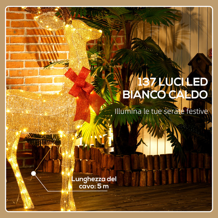 Decorazione Natalizia da Interno ed Esterno 66x25x135 cm a Forma di Renna con 137 Luci LED Oro