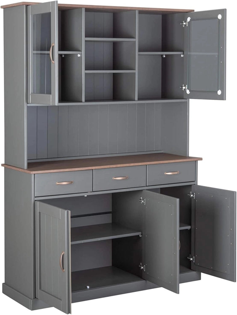 MOBILE SOGGIORNO CREDENZA VETRINA LUZERNA 3+2 ANTE + 3 CASSETTI 131x45x191H PINO MASSELLO VERNICIATO GRIGIO E MARRONE SEPPIA