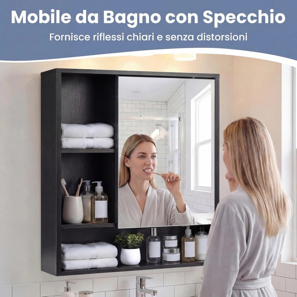 Mobile Bagno con Specchio, Specchio Bagno Contenitore con Porta Singola e 3 Ripiani Aperti, Mobiletto Salvaspazio in Legno per Lavanderia e Ingresso, 56 x 16 x 61 cm (Nero)