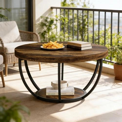 Tavolino basso rotondo a 2 livelli con piano in legno e base in metallo, stile rustico, per soggiorno e ufficio
