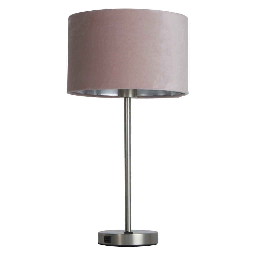 Lampada da tavolo USB Finn - Metallo nichel satinato e paralume in velluto rosa