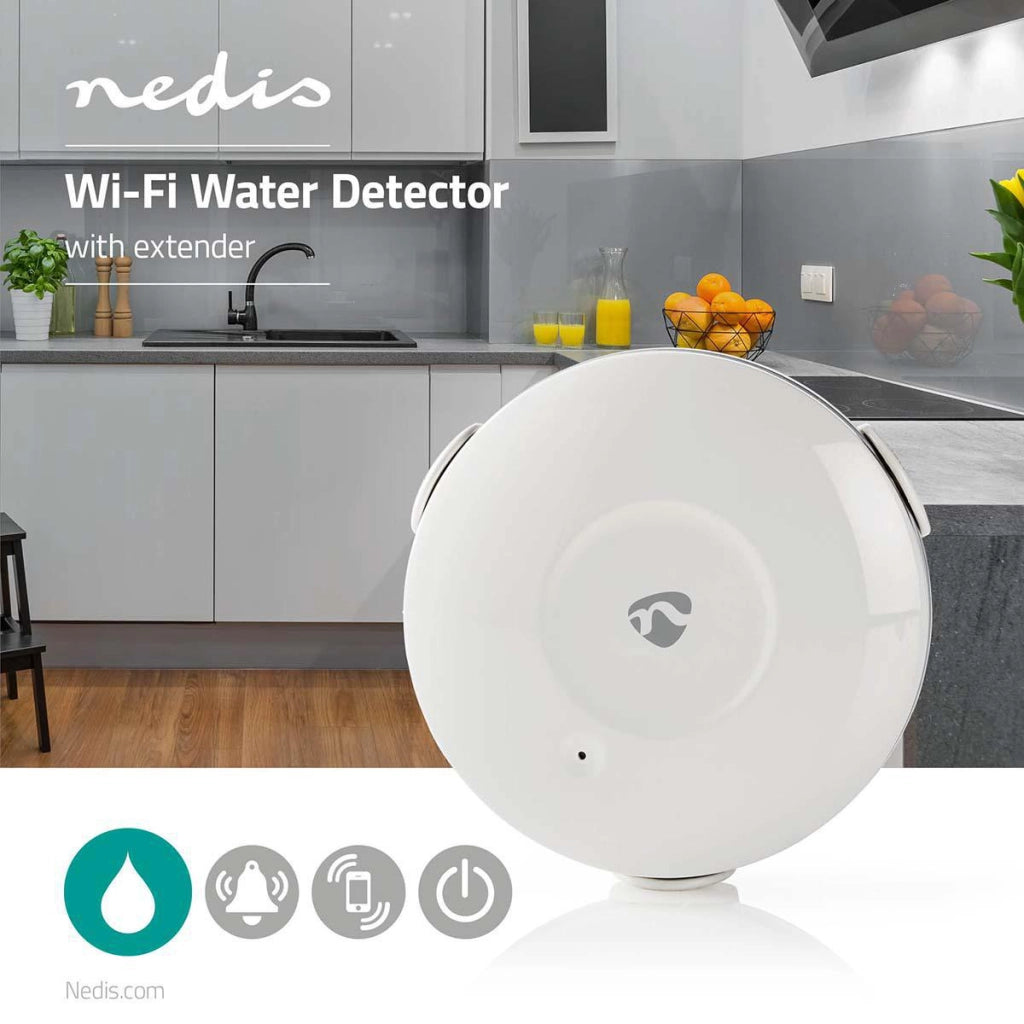 Rivelatore d'acqua intelligente rotondo connesso via Wi-Fi con allarme da 50dB Bianco Nedis