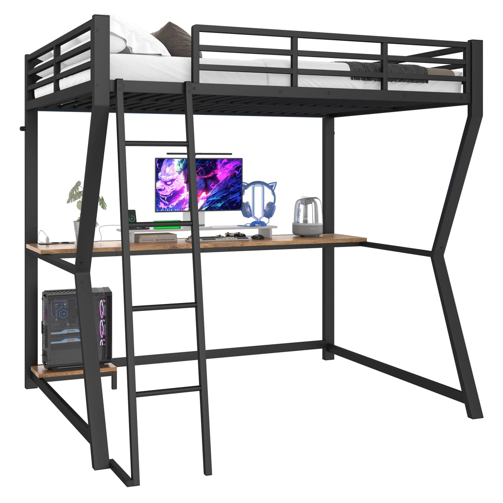 Letto a castello nero in metallo con funzione scrivania e illuminazione LED 140x200 cm