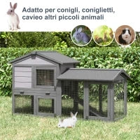 Conigliera Gabbia per Conigli in Legno da Esterno con Casetta, Spazio Aperto Recintato e Tetto 147x54x84cm
