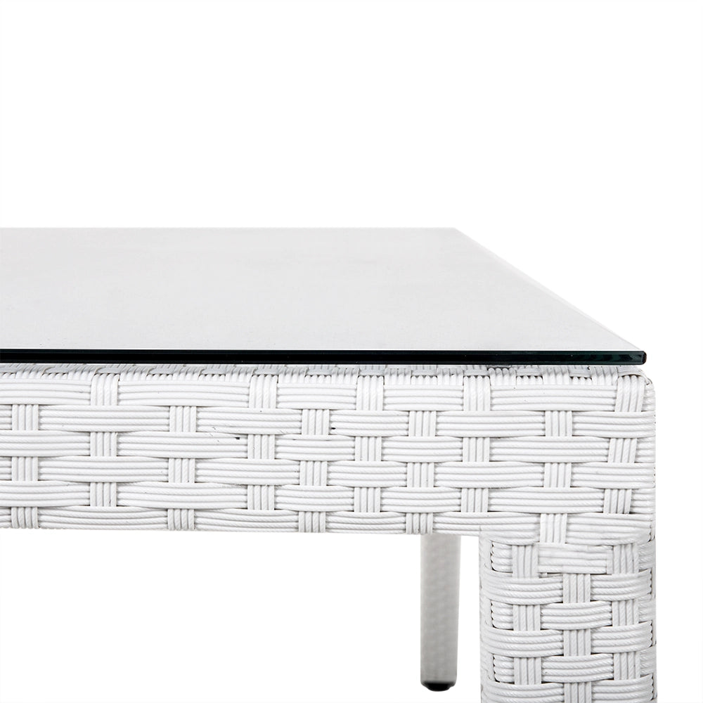 Tavolo da pranzo da giardino piano in vetro temperato rattan sintetico bianco 220 x 100 cm rettangolare a 8 posti