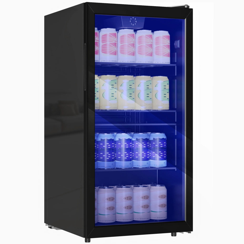 Frigo Bevande 93 Litri ¨C Zephmum ¨C 115 Lattine, Porta in Vetro, Scaffali Regolabili, LED, Nero