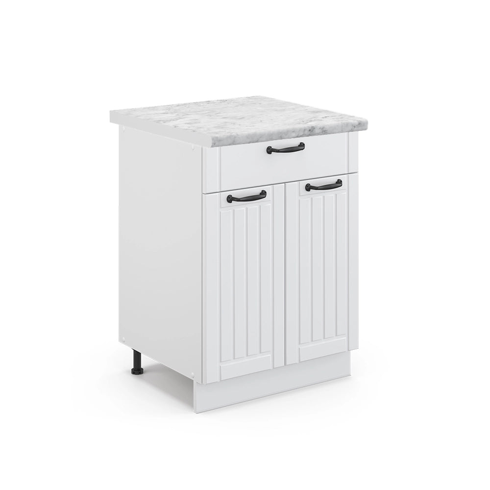 Mobiletto base per cucina Fame-Line Bianco rustico/Bianco 60 cm con cassetto, PL Marmo Vicco
