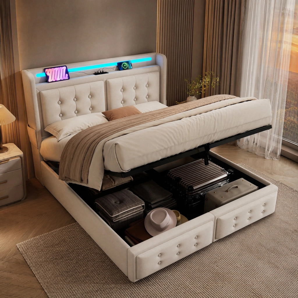 LETTO Contenitore 160x200 cm Beige in Cotone e Metallo con LED e prese USB
