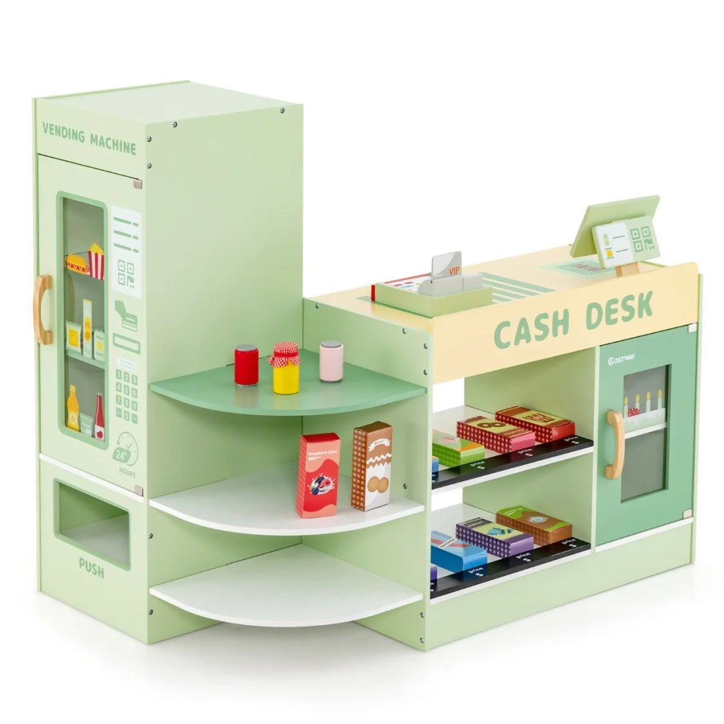 Set da gioco per bambini a tema supermercato 89 x 57 x 80 cm con registratore di cassa e bancomat stile moderno in MDF verde. Codice articolo: 20_0019590.