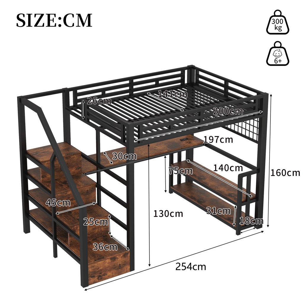 Letto a soppalco 140x200 cm in metallo e MDF nero con scrivania; ripiano; LED e USB