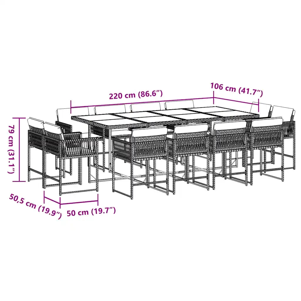 Set da Pranzo da Giardino 13pz con Cuscini Marrone Polyrattan 3211581