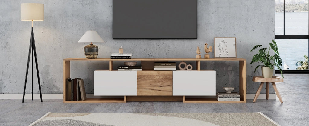 Cassettiera TV bianca e naturale in truciolare; lunghezza 180 cm