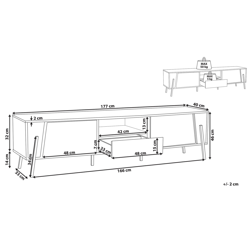 Mobile TV in legno chiaro e gambe in metallo Nero per un massimo di 76 ʺcon 1 cassetto e 2 armadi in stile industriale