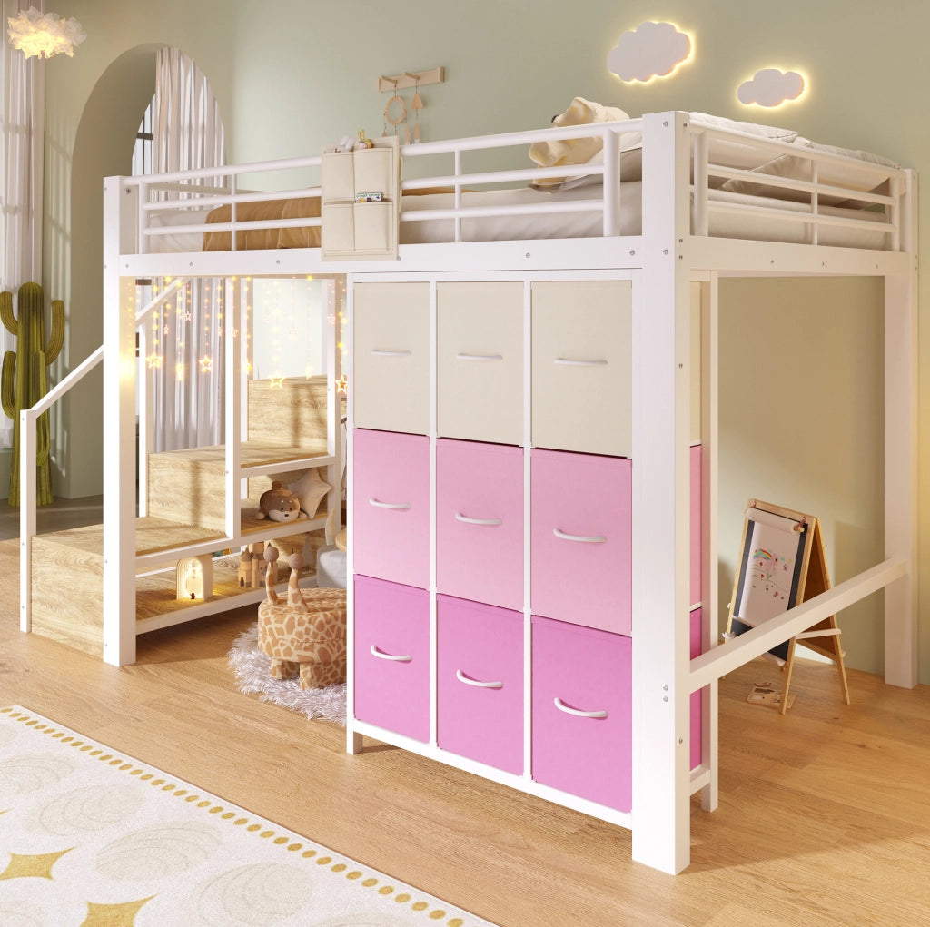 Letto a soppalco 140x200 cm in metallo e MDF; con cassetti; armadio e scala; bianco