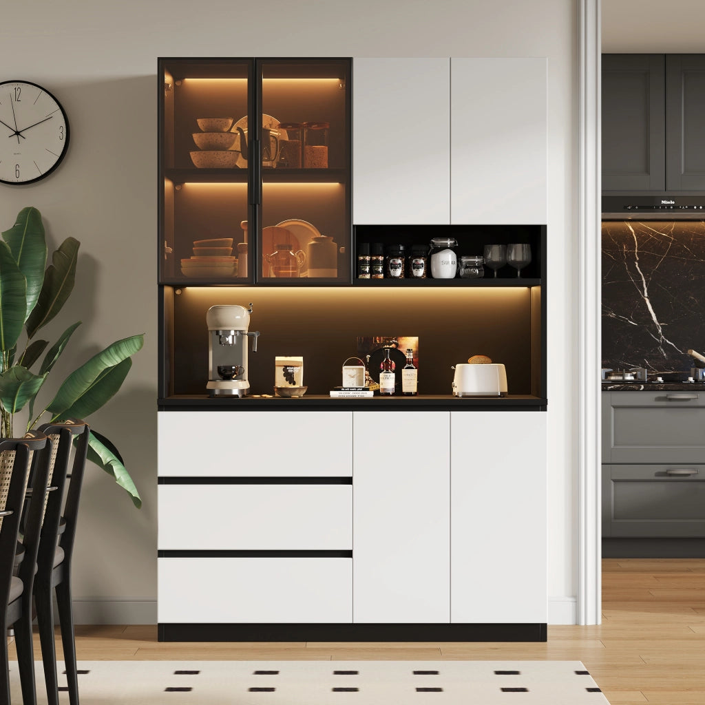 Credenza alta con LED, 6 ante, 3 cassetti e ripiani, per cucina e sala da pranzo, bianco e nero, 120.5 × 40 × 180 cm