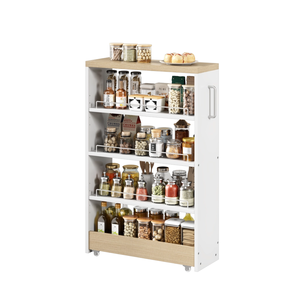 Carrello contenitore ULEVR slim 12 cm con 4 ripiani regolabili e ruote, MDF bianco e naturale