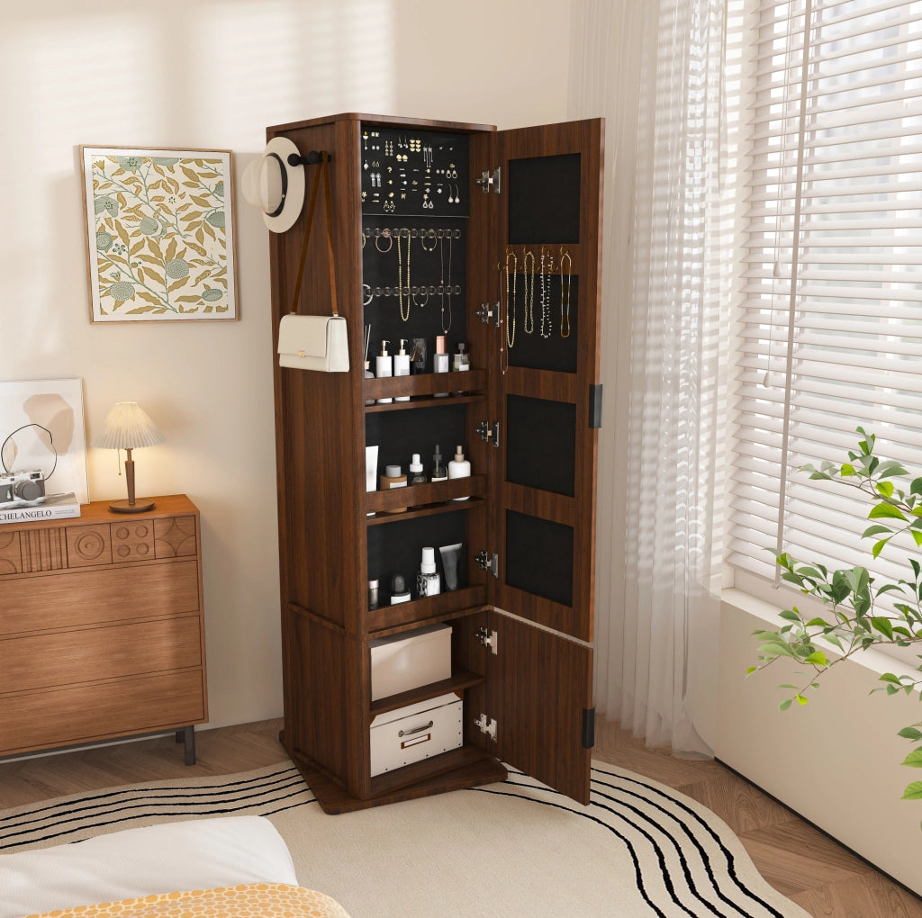 Armadio specchio girevole 4 in 1 con contenitore; 50x50x170 cm; MDF effetto noce