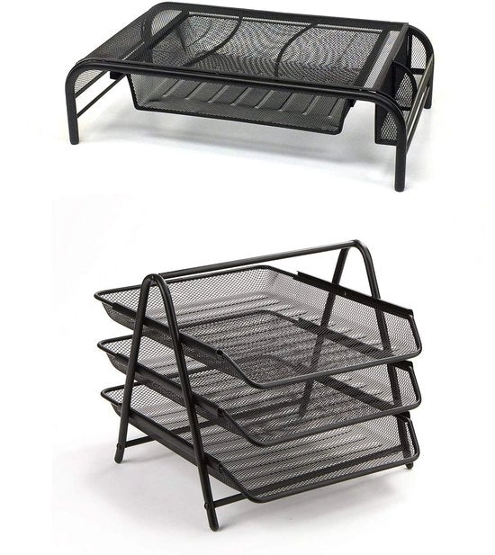 Monitor e 3 strati di set di cartucce, 2 pezzi, organizzatore di scrivania in metallo, 50,8 cm L x 29,5 cm P x 14 cm A, metallo, nero, 2 pezzi