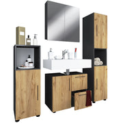 Armonia di Ezooza  Set Bagno Completo 4 Pezzi Mobile Lavabo + Colonna + Pensile e armadietto a specchio, Antracite/Rovere ,