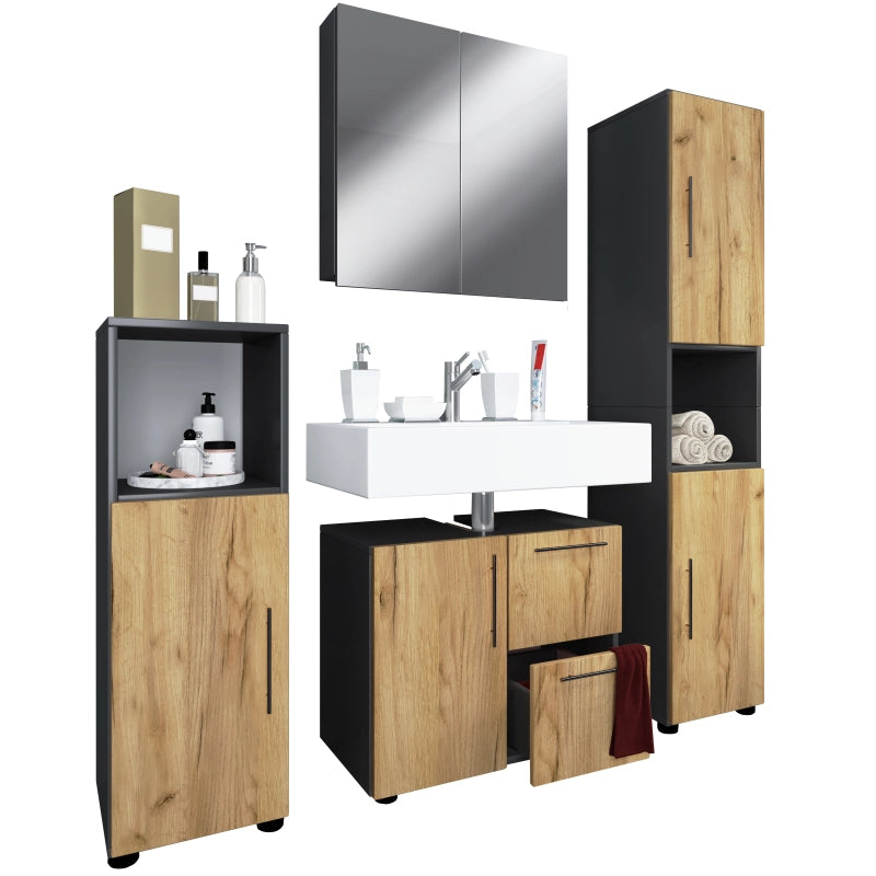 Armonia di Ezooza  Set Bagno Completo 4 Pezzi Mobile Lavabo + Colonna + Pensile e armadietto a specchio, Antracite/Rovere ,